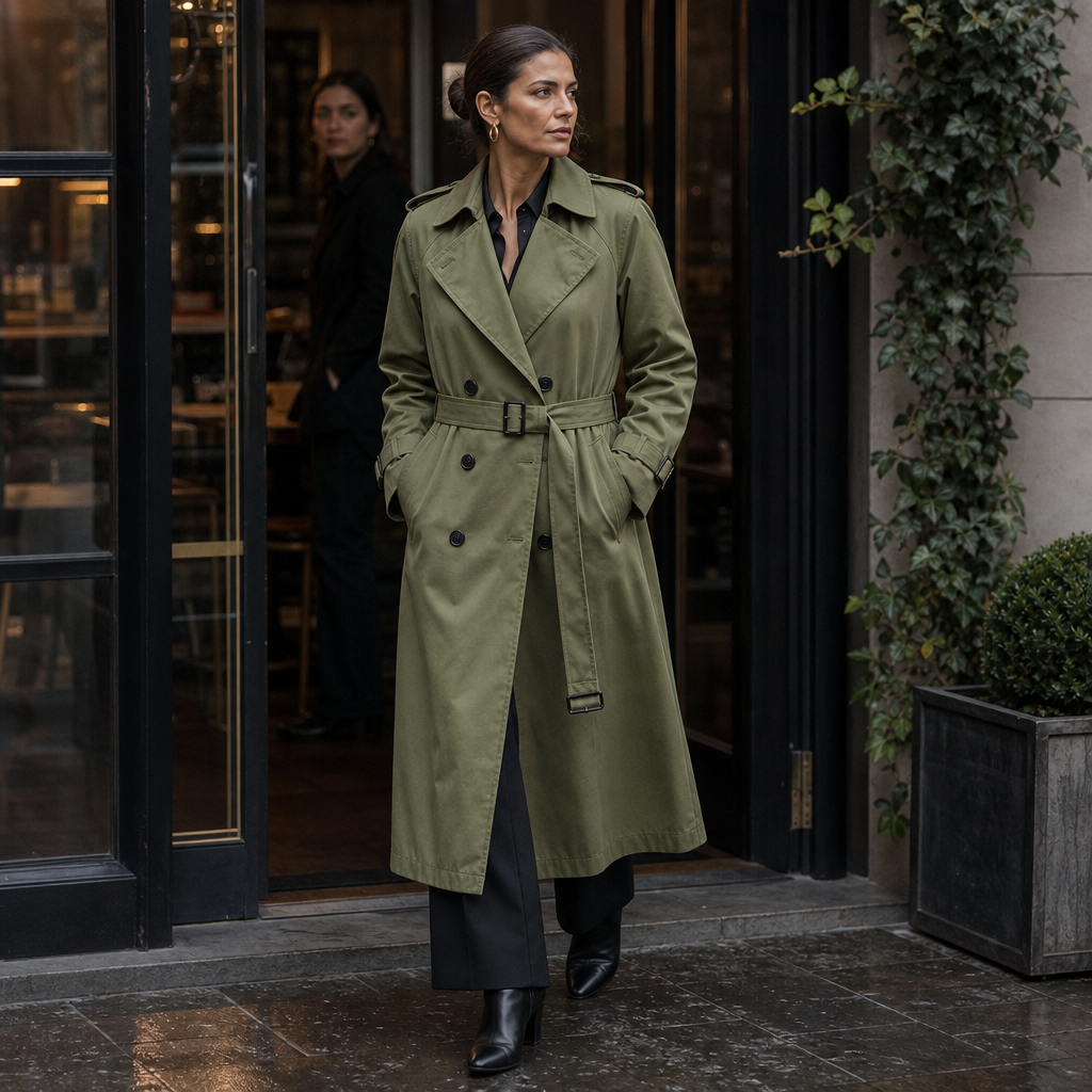 Trenchcoat Damen olivgrün tailliert mit doppelter Knopfleiste - 5 - Atelier-Zofia