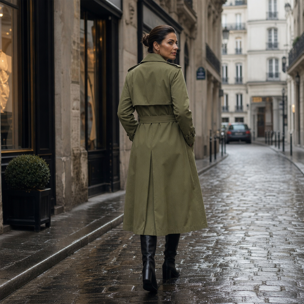 Trenchcoat Damen olivgrün tailliert mit doppelter Knopfleiste - 6 - Atelier-Zofia