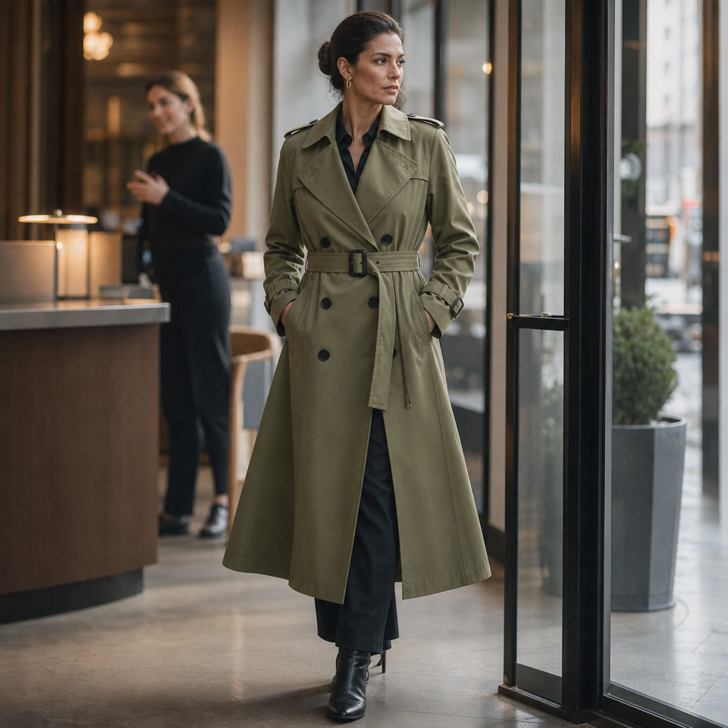 Trenchcoat Damen olivgrün tailliert mit doppelter Knopfleiste - 7 - Atelier-Zofia