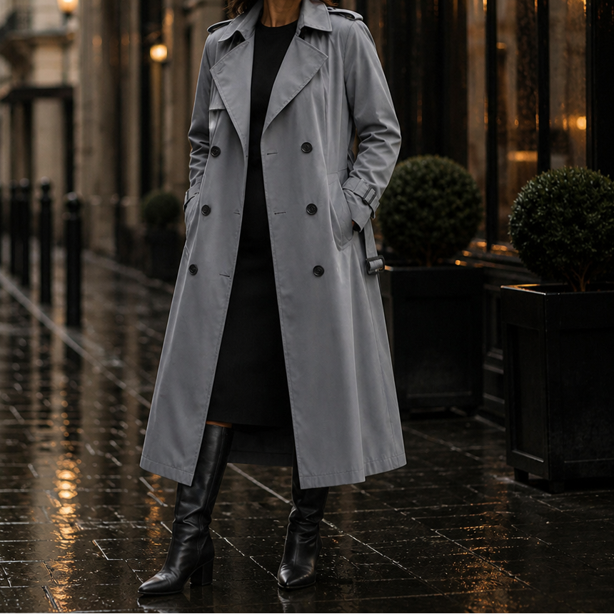 Trenchcoat Damen olivgrün tailliert mit doppelter Knopfleiste - 14 - Atelier-Zofia