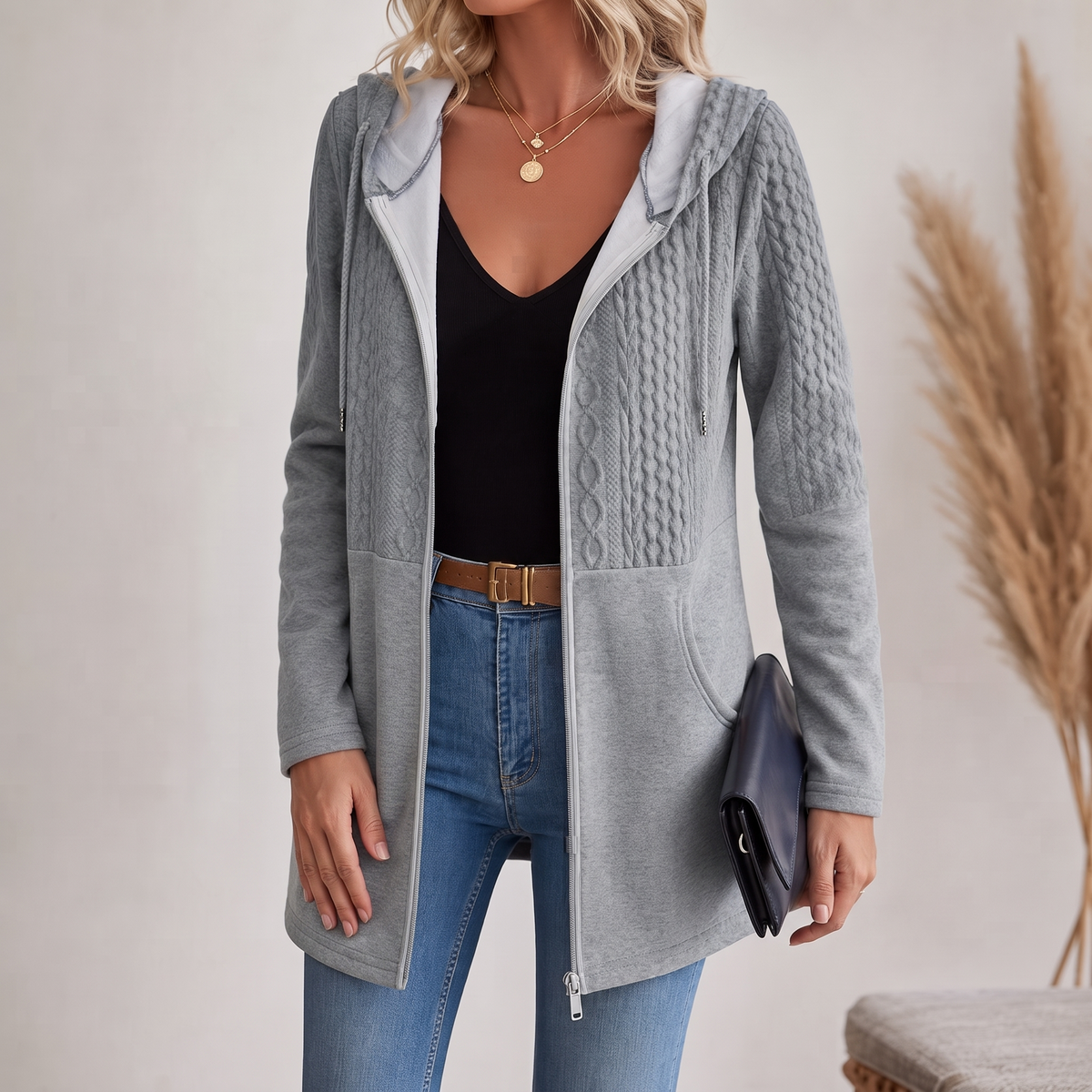 Jacke Damen grau tailliert mit Kapuze und Reißverschluss - 1 - Atelier-Zofia