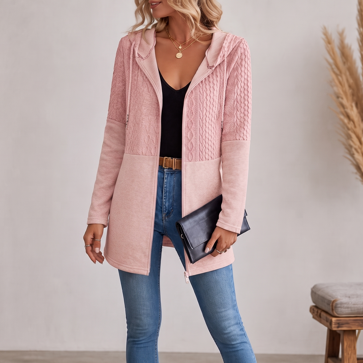 Jacke Damen grau tailliert mit Kapuze und Reißverschluss - 13 - Atelier-Zofia