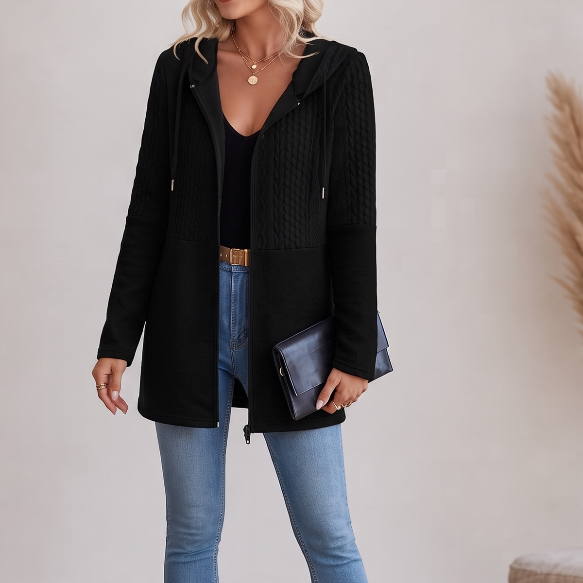 Jacke Damen grau tailliert mit Kapuze und Reißverschluss - 14 - Atelier-Zofia