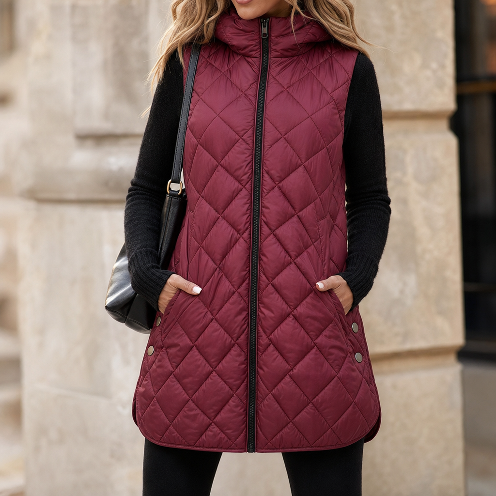 Weste Damen bordeaux mit Kapuze und Steppdesign - 1 - Atelier-Zofia