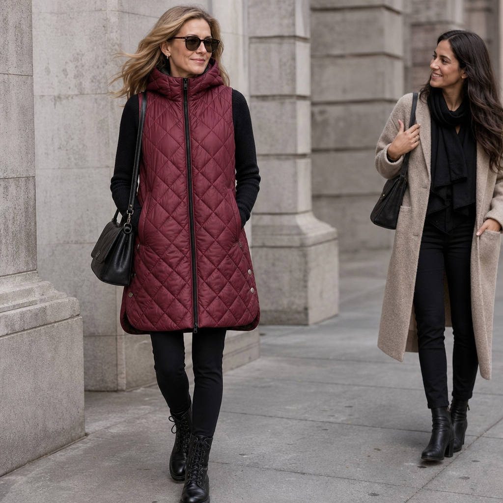 Weste Damen bordeaux mit Kapuze und Steppdesign - 3 - Atelier-Zofia