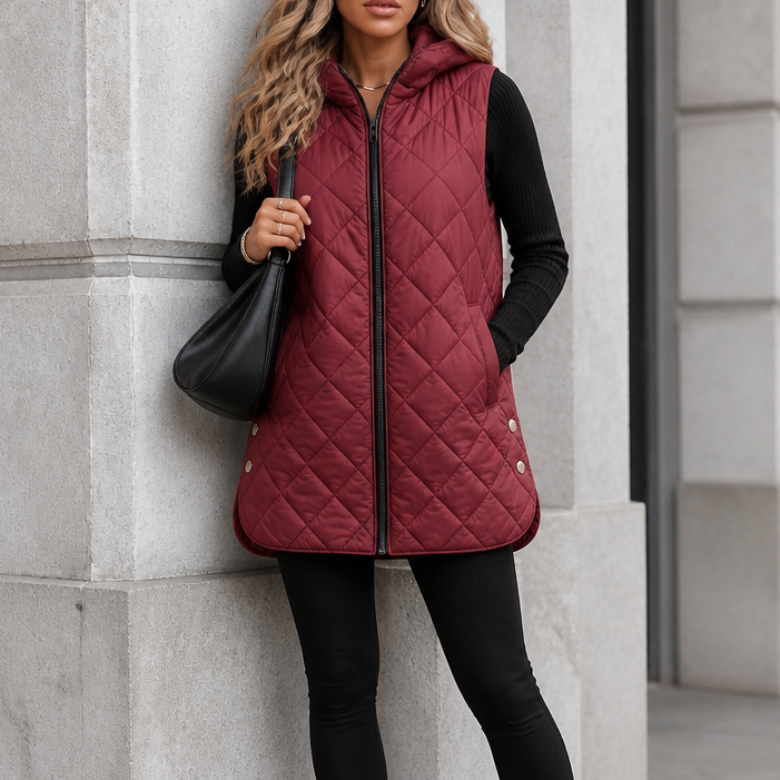 Weste Damen bordeaux mit Kapuze und Steppdesign - 13 - Atelier-Zofia