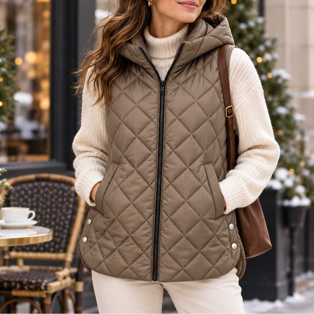 Weste Damen bordeaux mit Kapuze und Steppdesign - 14 - Atelier-Zofia