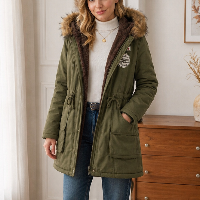 Jacke Damen schwarz tailliert mit Kapuze und Kunstfellkragen - 1 - Atelier-Zofia