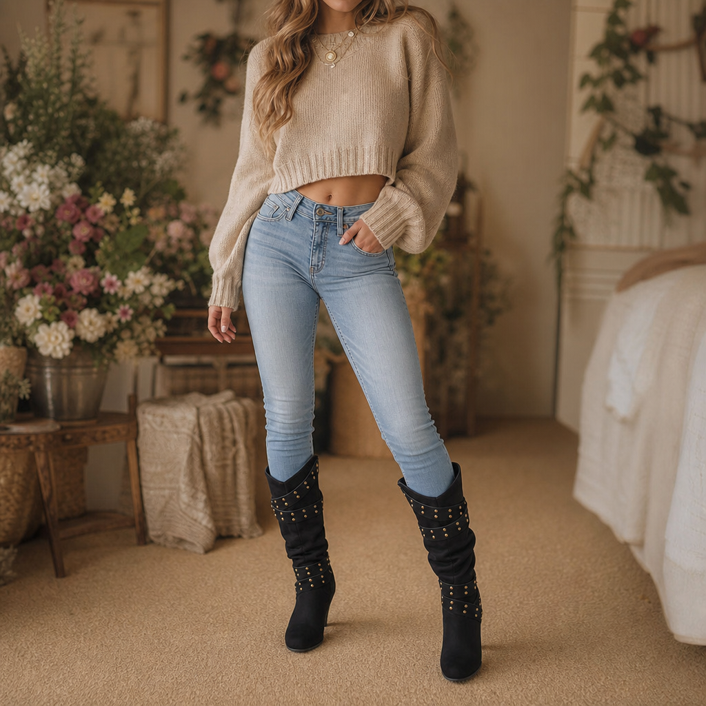 Stiefeletten Damen schwarz figurbetont mit Nieten - 2 - Atelier-Zofia