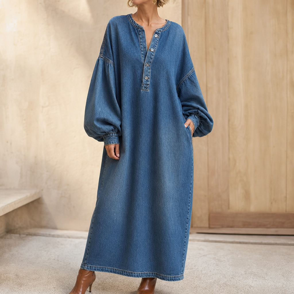 Maxikleid Damen blau weit mit Knopfleiste und langen Ärmeln - 1 - Atelier-Zofia