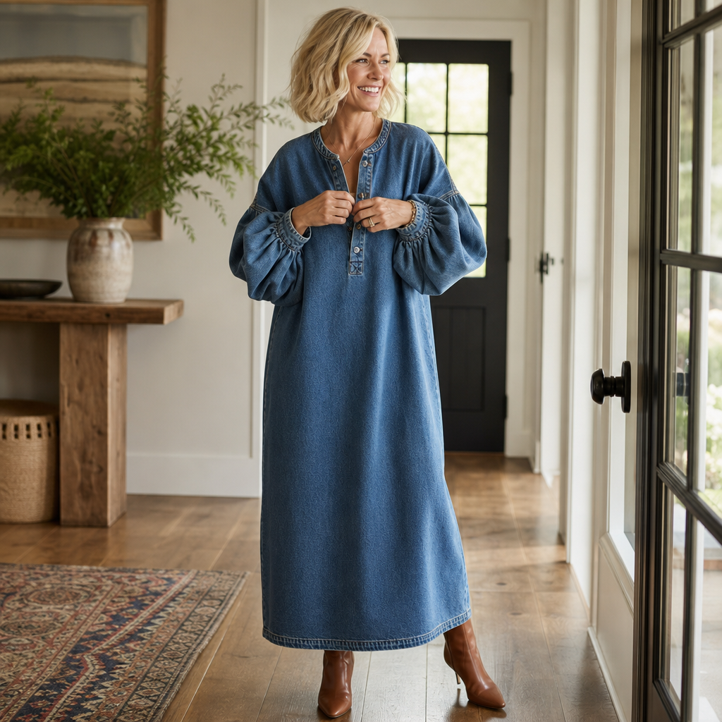 Maxikleid Damen blau weit mit Knopfleiste und langen Ärmeln - 3 - Atelier-Zofia