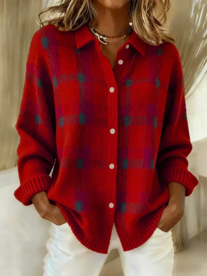 Pullover Damen rot lässig mit Knopfleiste und Karomuster - 1 - Atelier-Zofia