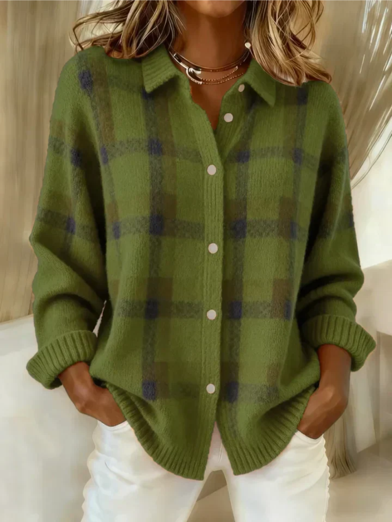 Pullover Damen rot lässig mit Knopfleiste und Karomuster - 6 - Atelier-Zofia