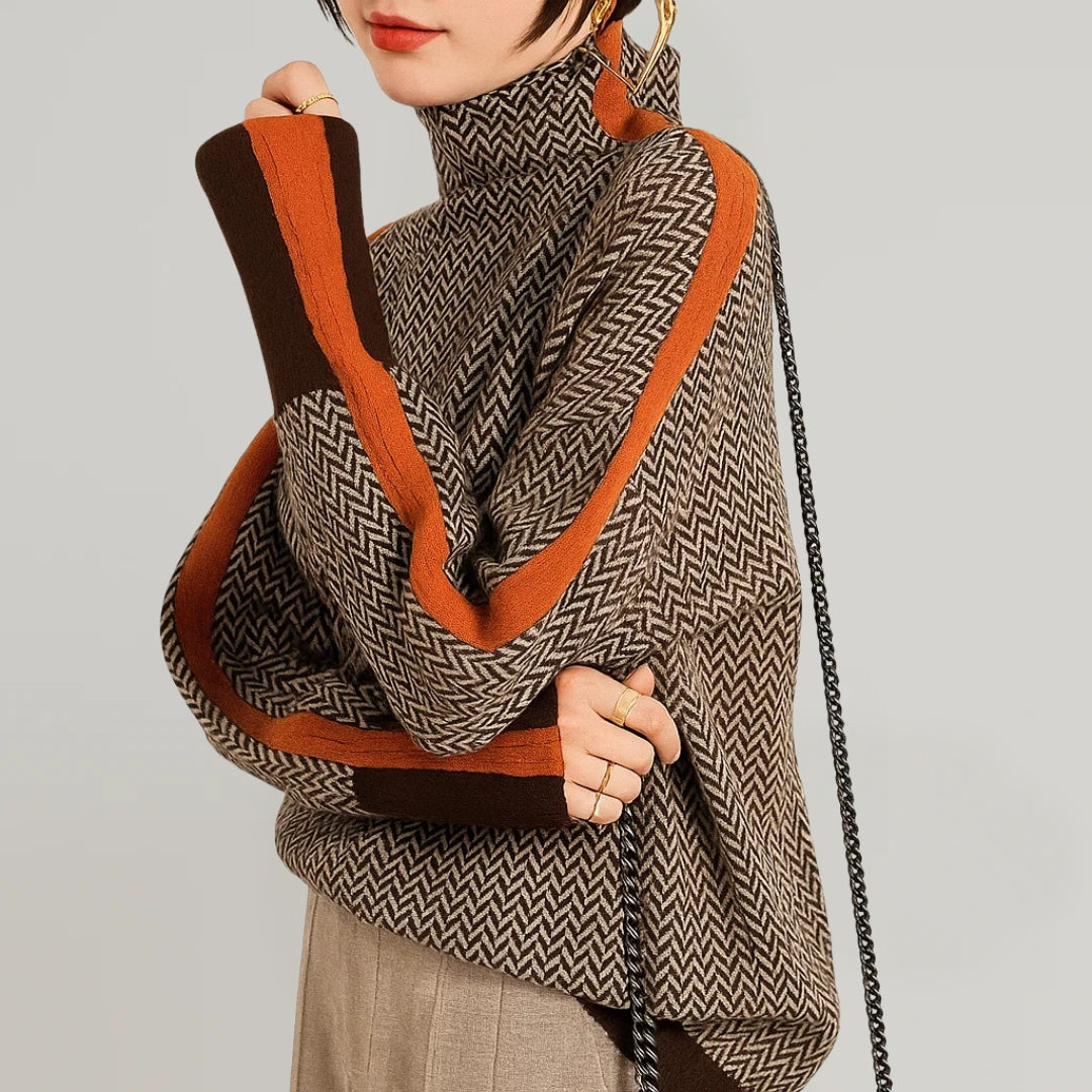 Pullover Damen braun mit hohem Kragen und Zopfstrick - 2 - Atelier-Zofia