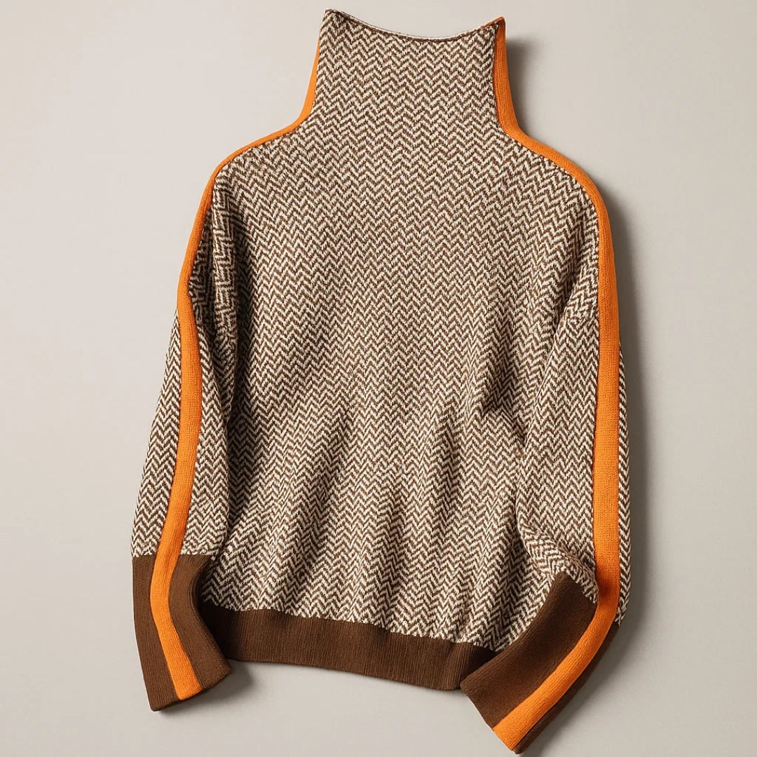 Pullover Damen braun mit hohem Kragen und Zopfstrick - 3 - Atelier-Zofia