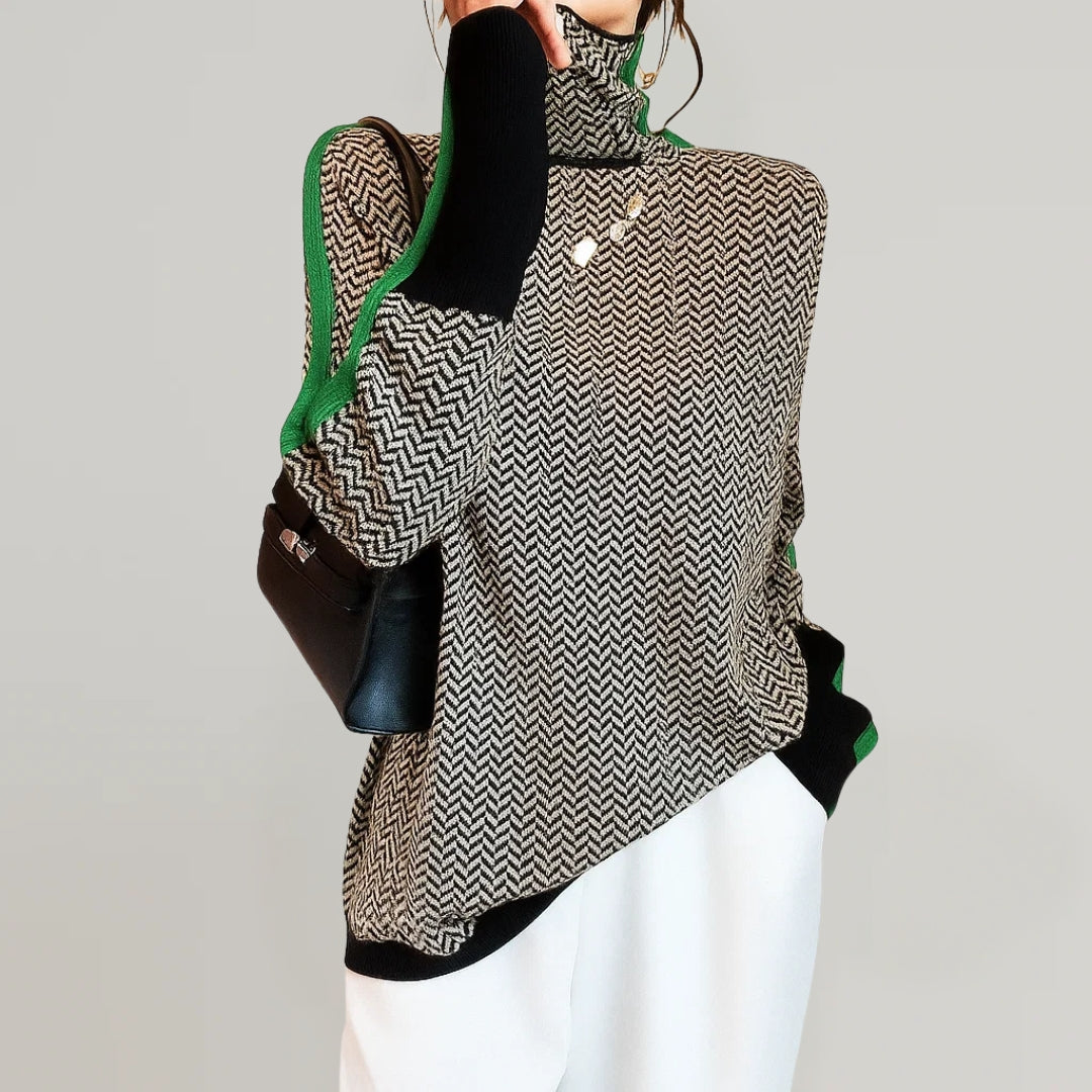 Pullover Damen braun mit hohem Kragen und Zopfstrick - 4 - Atelier-Zofia