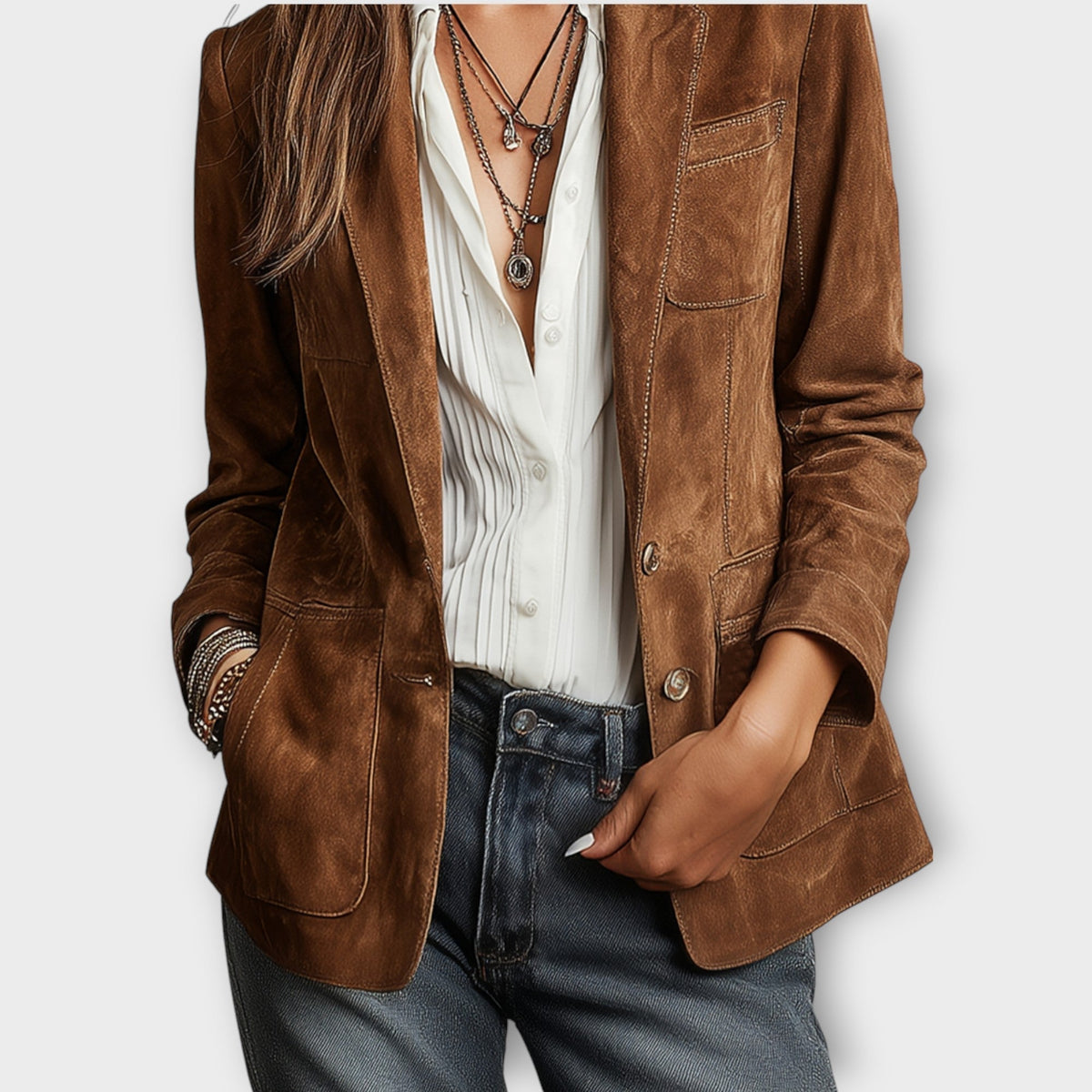 Blazer Damen braun tailliert mit praktischen Taschen - 2 - Atelier-Zofia