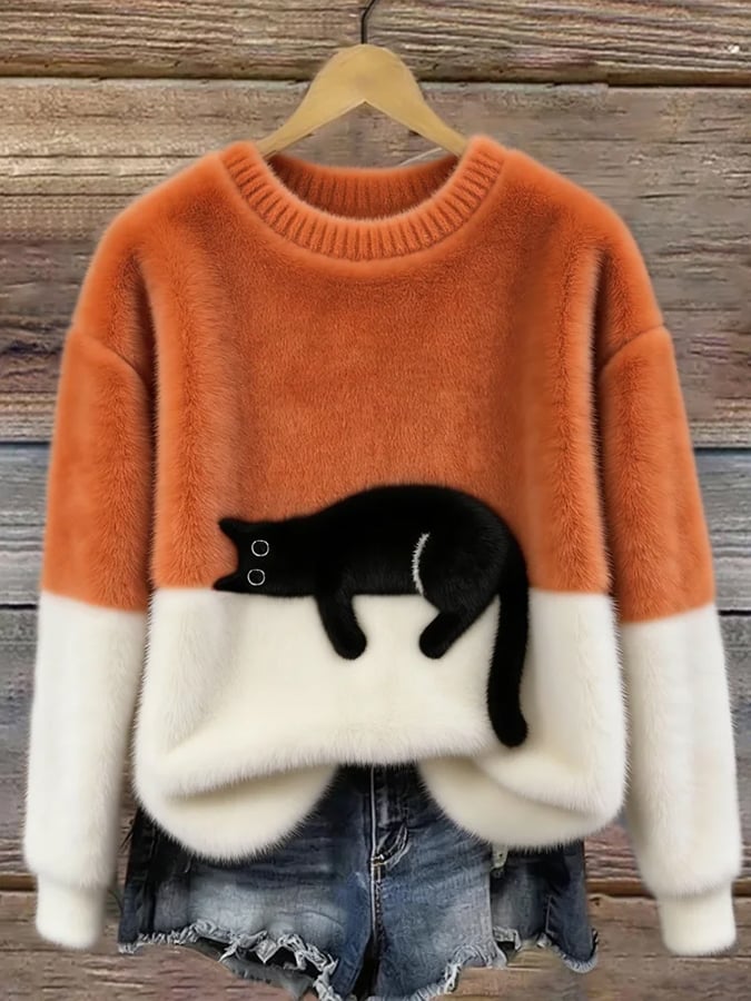 Pullover Damen schwarz mit Katzenmotiv und lockerer Passform - 1 - Atelier-Zofia