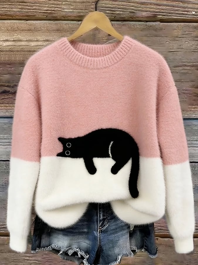 Pullover Damen schwarz mit Katzenmotiv und lockerer Passform - 2 - Atelier-Zofia