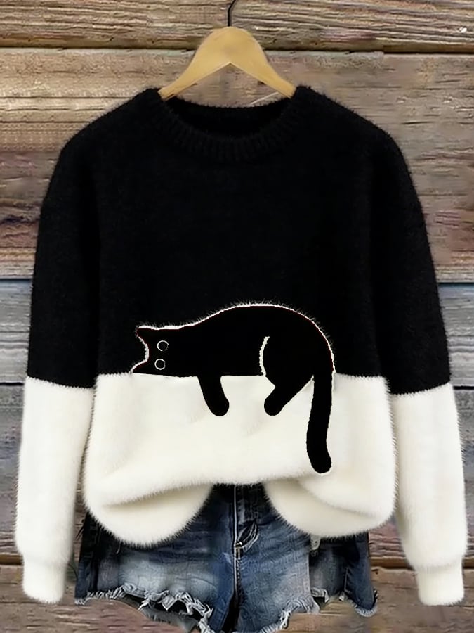 Pullover Damen schwarz mit Katzenmotiv und lockerer Passform - 3 - Atelier-Zofia