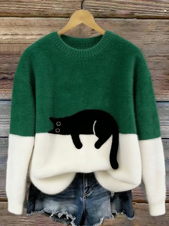 Pullover Damen schwarz mit Katzenmotiv und lockerer Passform - 4 - Atelier-Zofia
