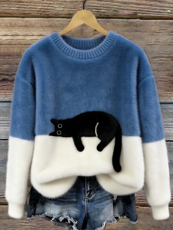 Pullover Damen schwarz mit Katzenmotiv und lockerer Passform - 5 - Atelier-Zofia