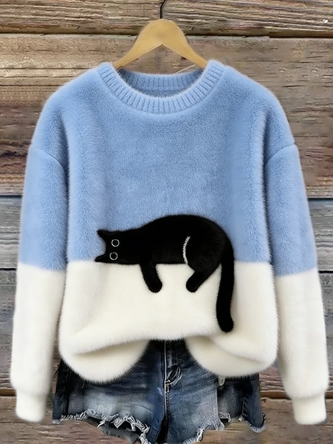 Pullover Damen schwarz mit Katzenmotiv und lockerer Passform - 6 - Atelier-Zofia