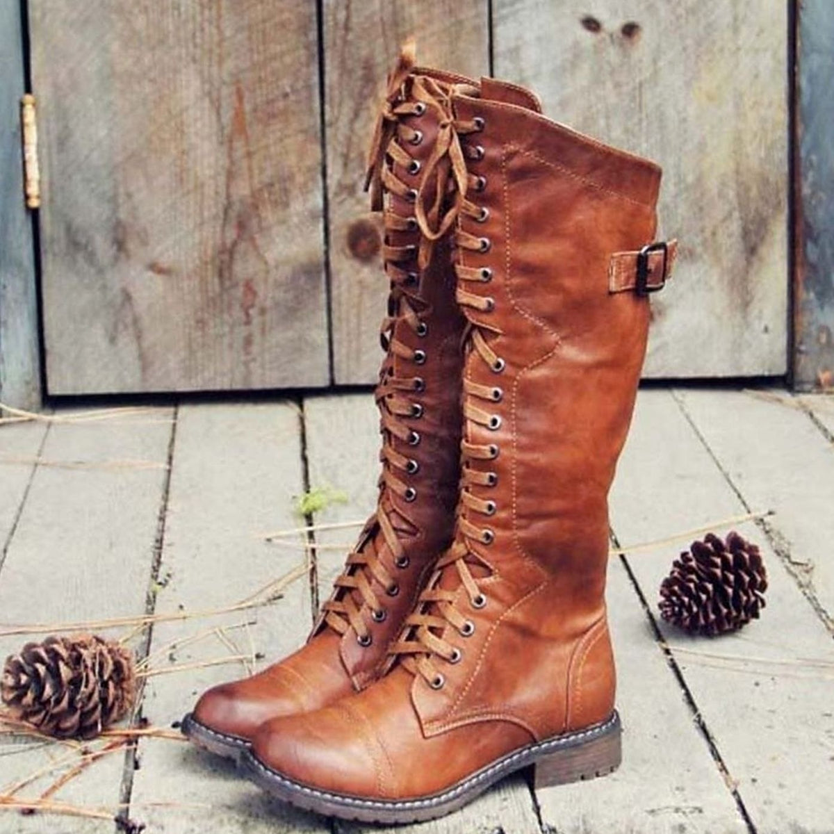 Damenstiefel braun mit Schnürung und hohem Schaft - 1 - Atelier-Zofia