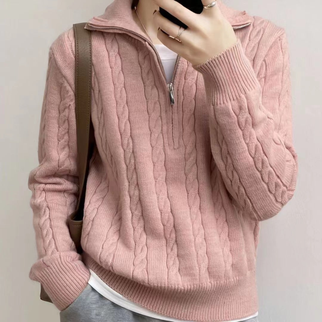 Pullover Damen beige mit Reißverschluss und Strukturmuster - 2 - Atelier-Zofia