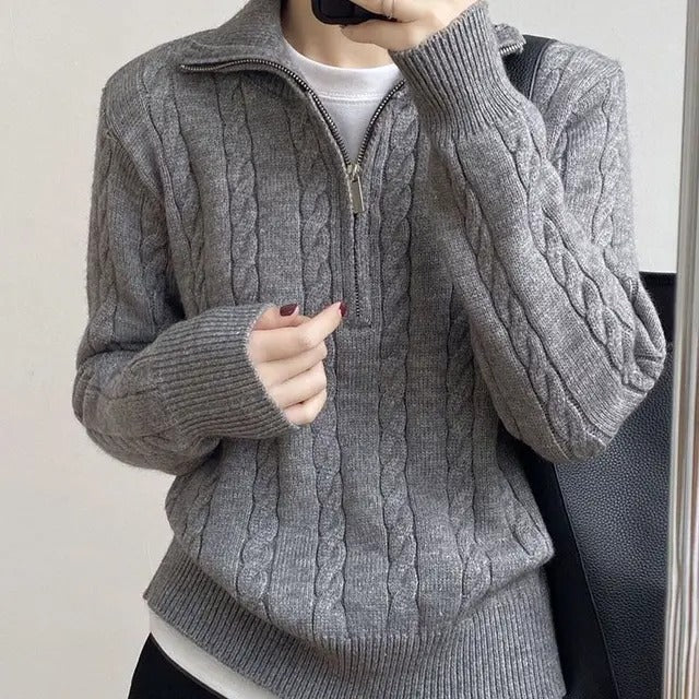 Pullover Damen beige mit Reißverschluss und Strukturmuster - 3 - Atelier-Zofia