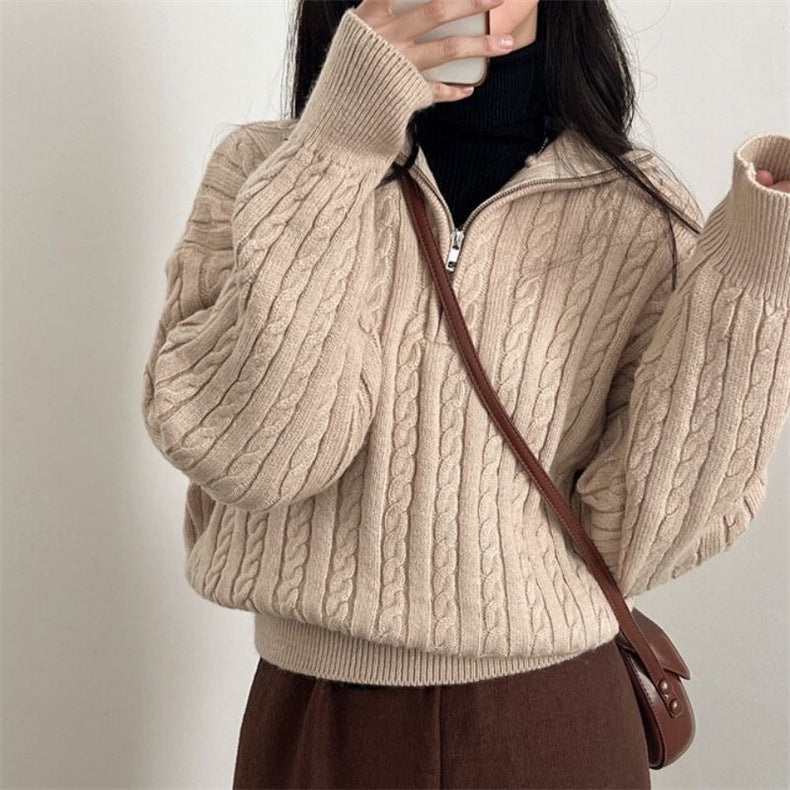 Pullover Damen beige mit Reißverschluss und Strukturmuster - 5 - Atelier-Zofia