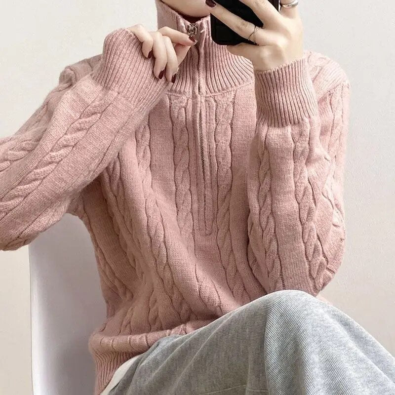Pullover Damen beige mit Reißverschluss und Strukturmuster - 6 - Atelier-Zofia