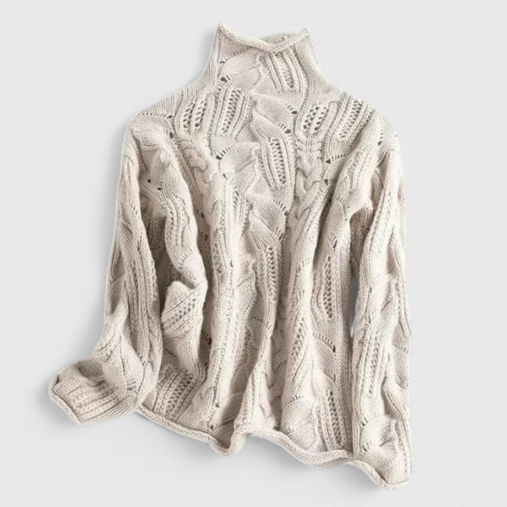 Pullover Damen blau lässig mit Stehkragen und Kabelstrick - 1 - Atelier-Zofia