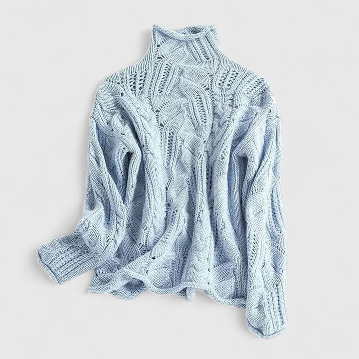 Pullover Damen blau lässig mit Stehkragen und Kabelstrick - 2 - Atelier-Zofia