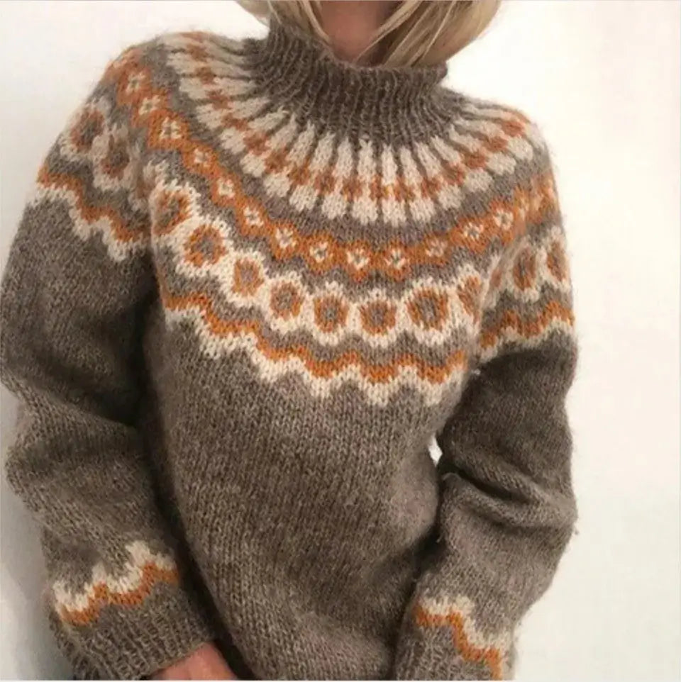 Pullover Damen blau weit mit Stehkragen und Muster - 2 - Atelier-Zofia