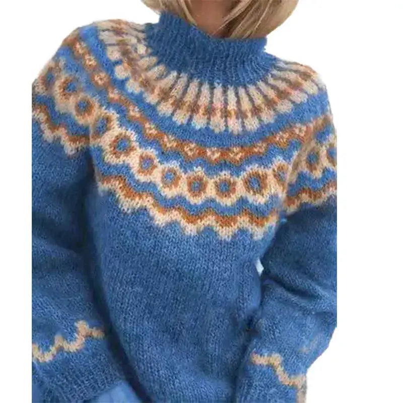 Pullover Damen blau weit mit Stehkragen und Muster - 3 - Atelier-Zofia