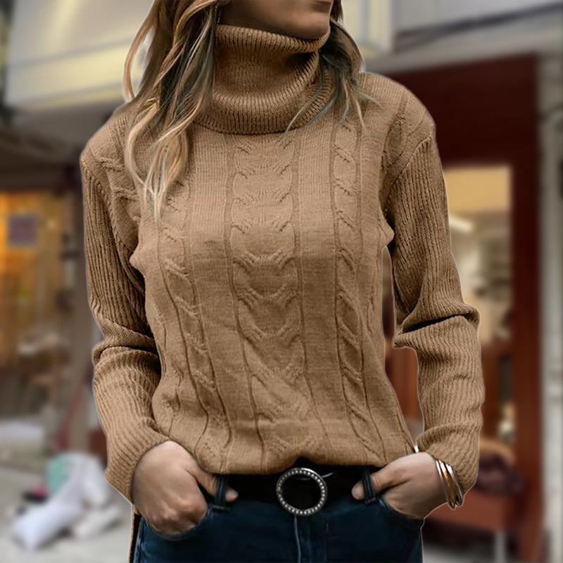 Pullover Damen beige figurbetont mit Stehkragen - 1 - Atelier-Zofia