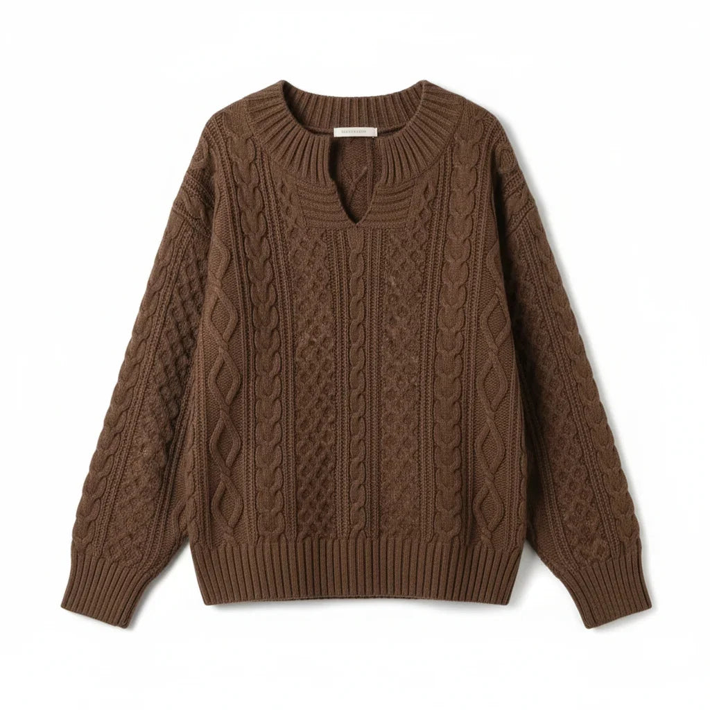 Pullover Damen braun oversize mit V-Ausschnitt und Kabelstrick-Design - 5 - Atelier-Zofia