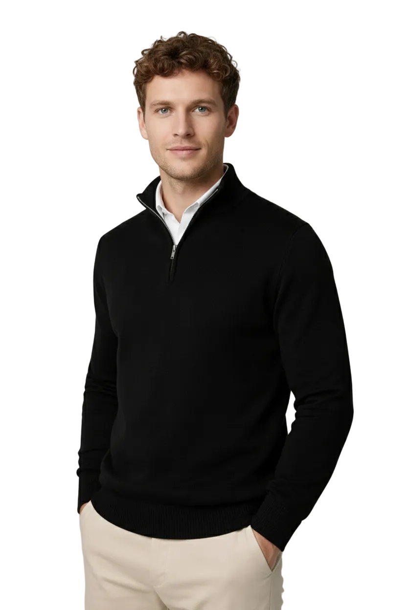 Pullover Herren schwarz mit Halbzip und hohem Kragen - 1 - Atelier-Zofia