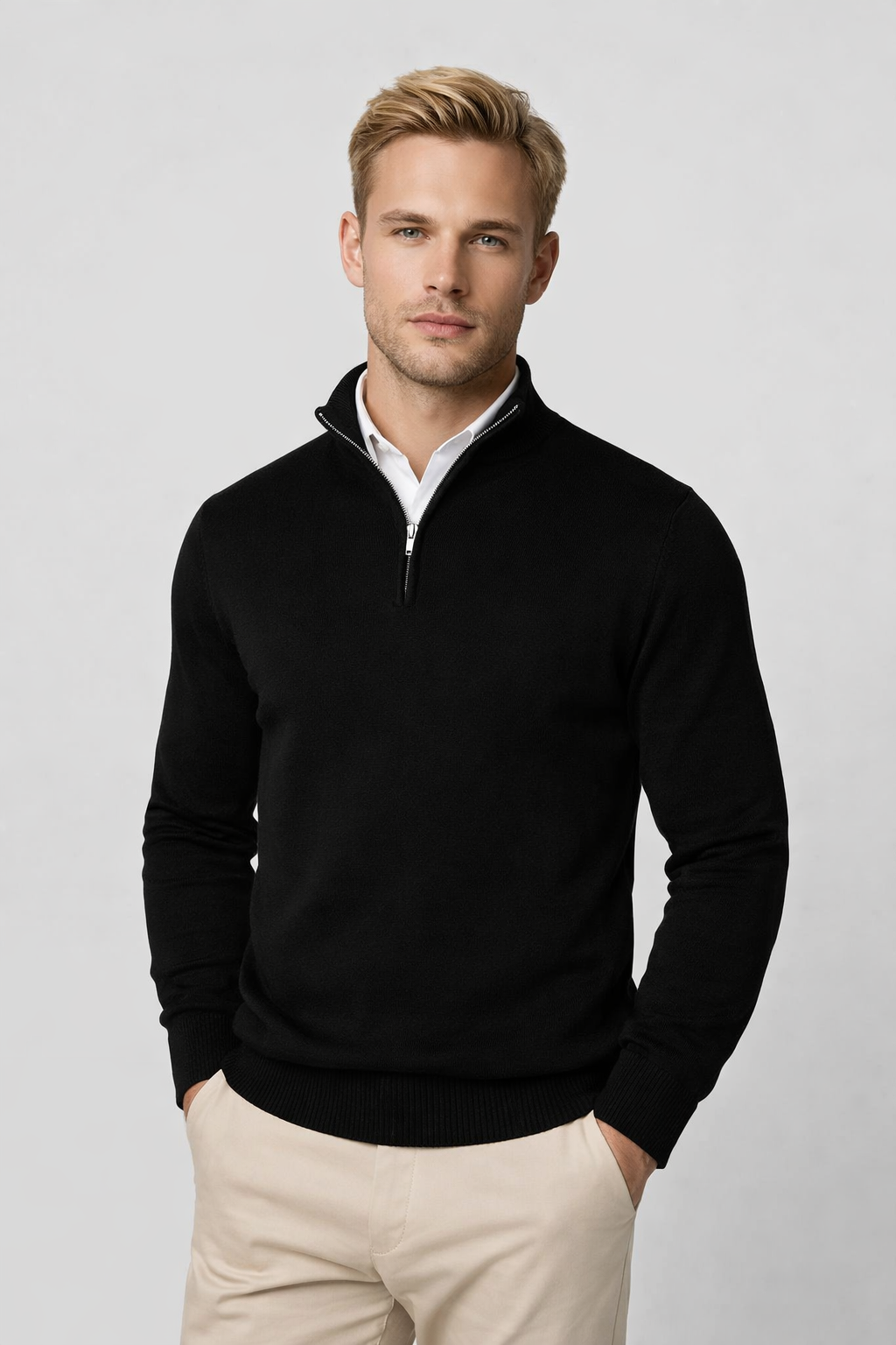 Pullover Herren schwarz mit Halbzip und hohem Kragen - 2 - Atelier-Zofia