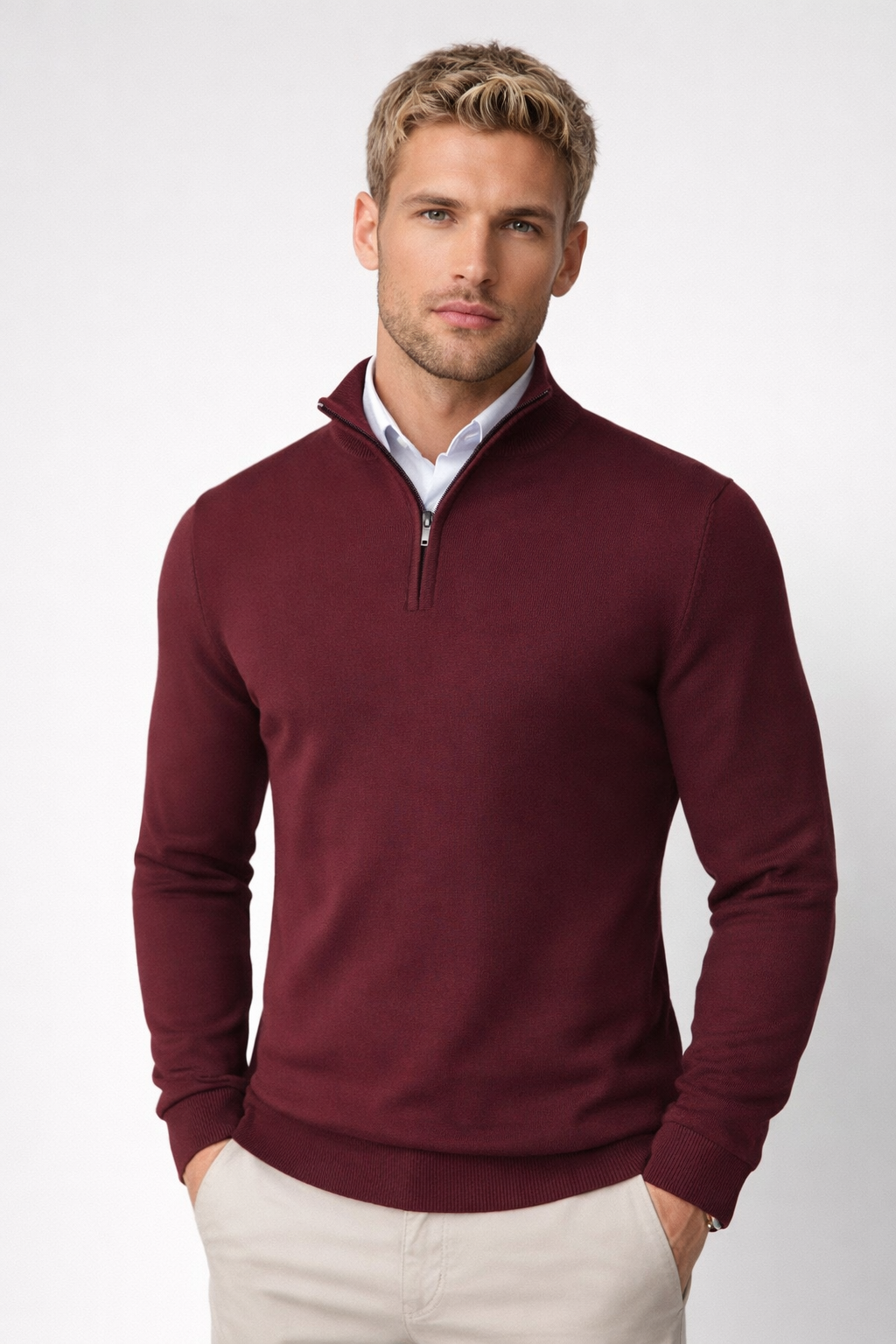 Pullover Herren schwarz mit Halbzip und hohem Kragen - 4 - Atelier-Zofia
