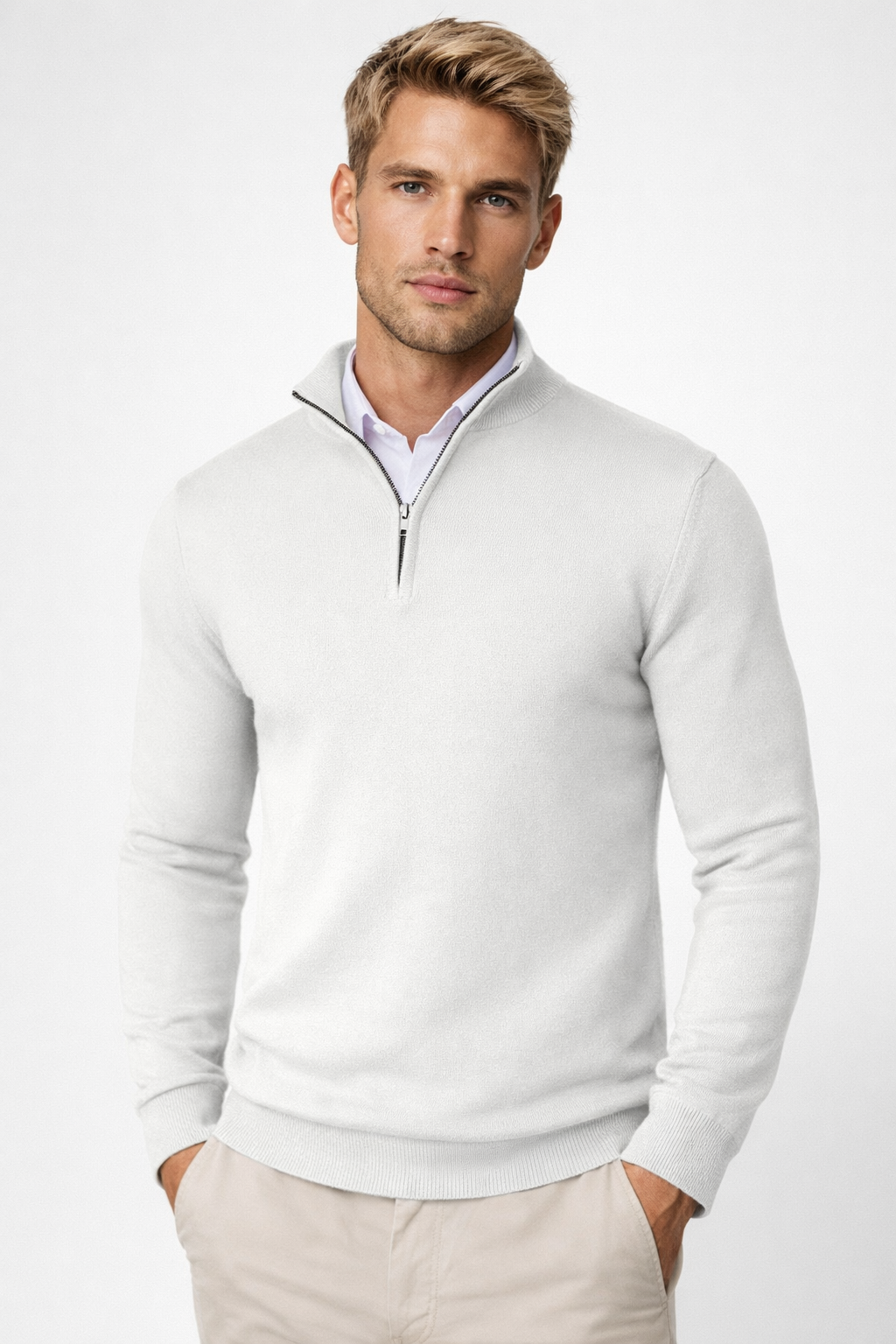 Pullover Herren schwarz mit Halbzip und hohem Kragen - 5 - Atelier-Zofia