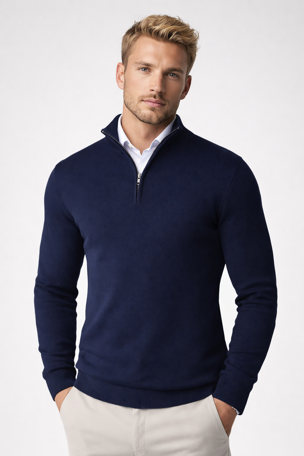 Pullover Herren schwarz mit Halbzip und hohem Kragen - 6 - Atelier-Zofia