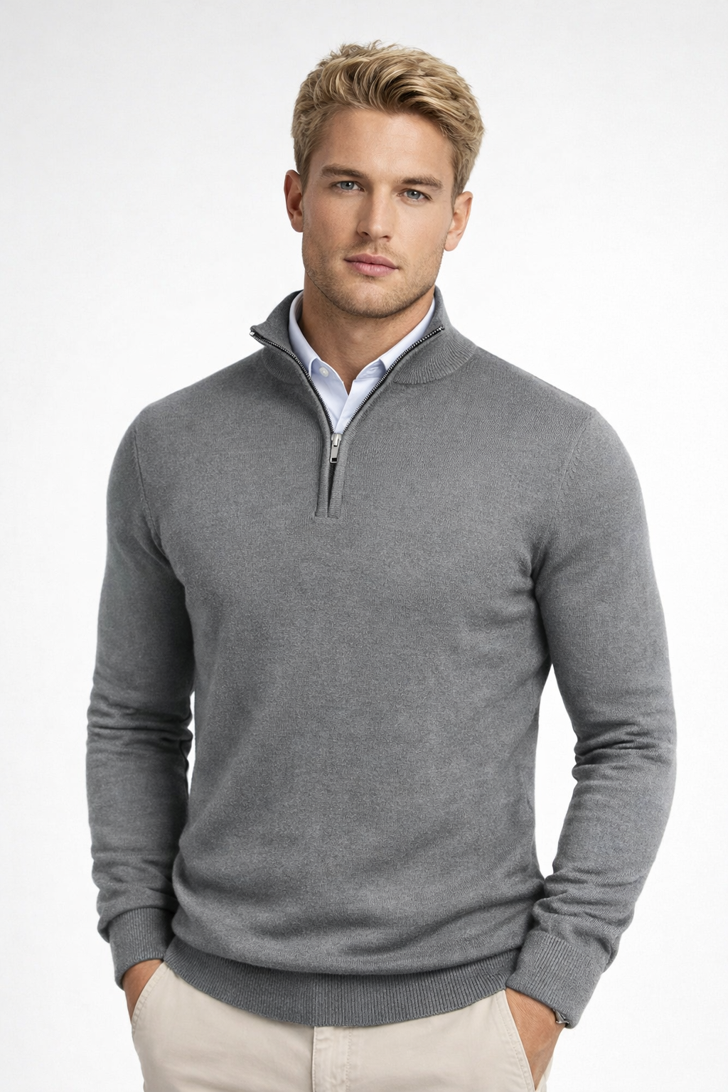 Pullover Herren schwarz mit Halbzip und hohem Kragen - 7 - Atelier-Zofia