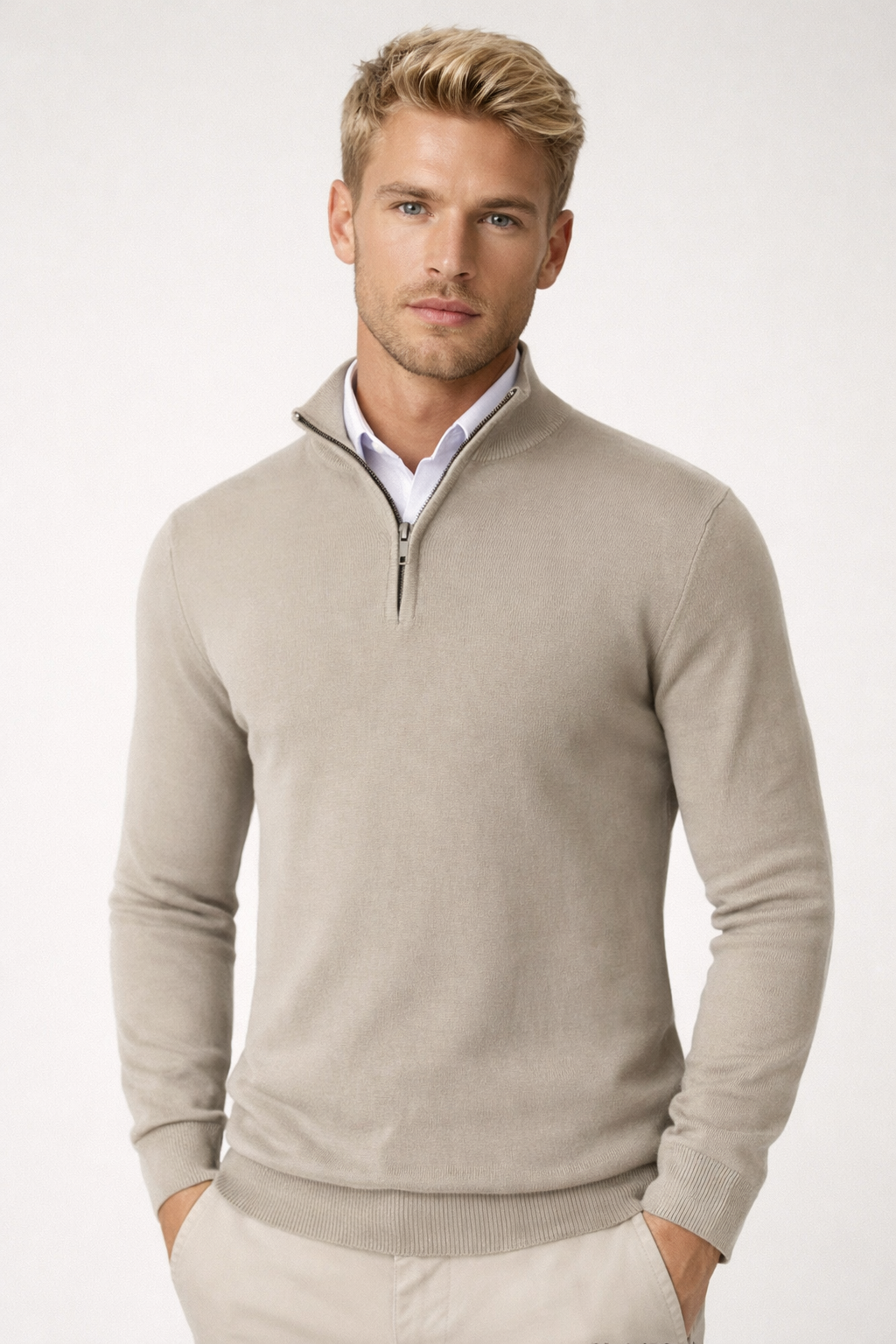 Pullover Herren schwarz mit Halbzip und hohem Kragen - 8 - Atelier-Zofia