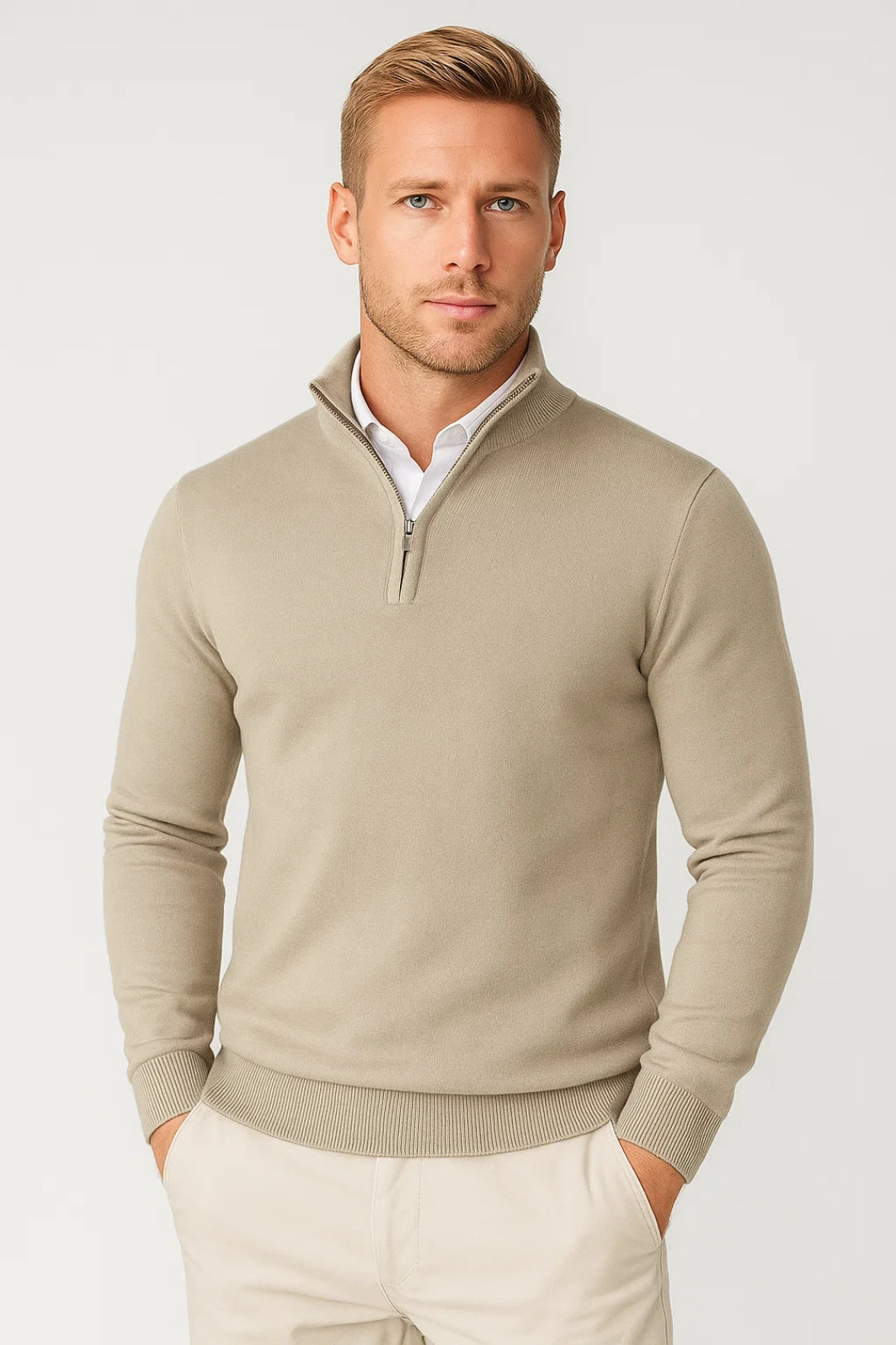Pullover Herren schwarz mit Halbzip und hohem Kragen - 9 - Atelier-Zofia