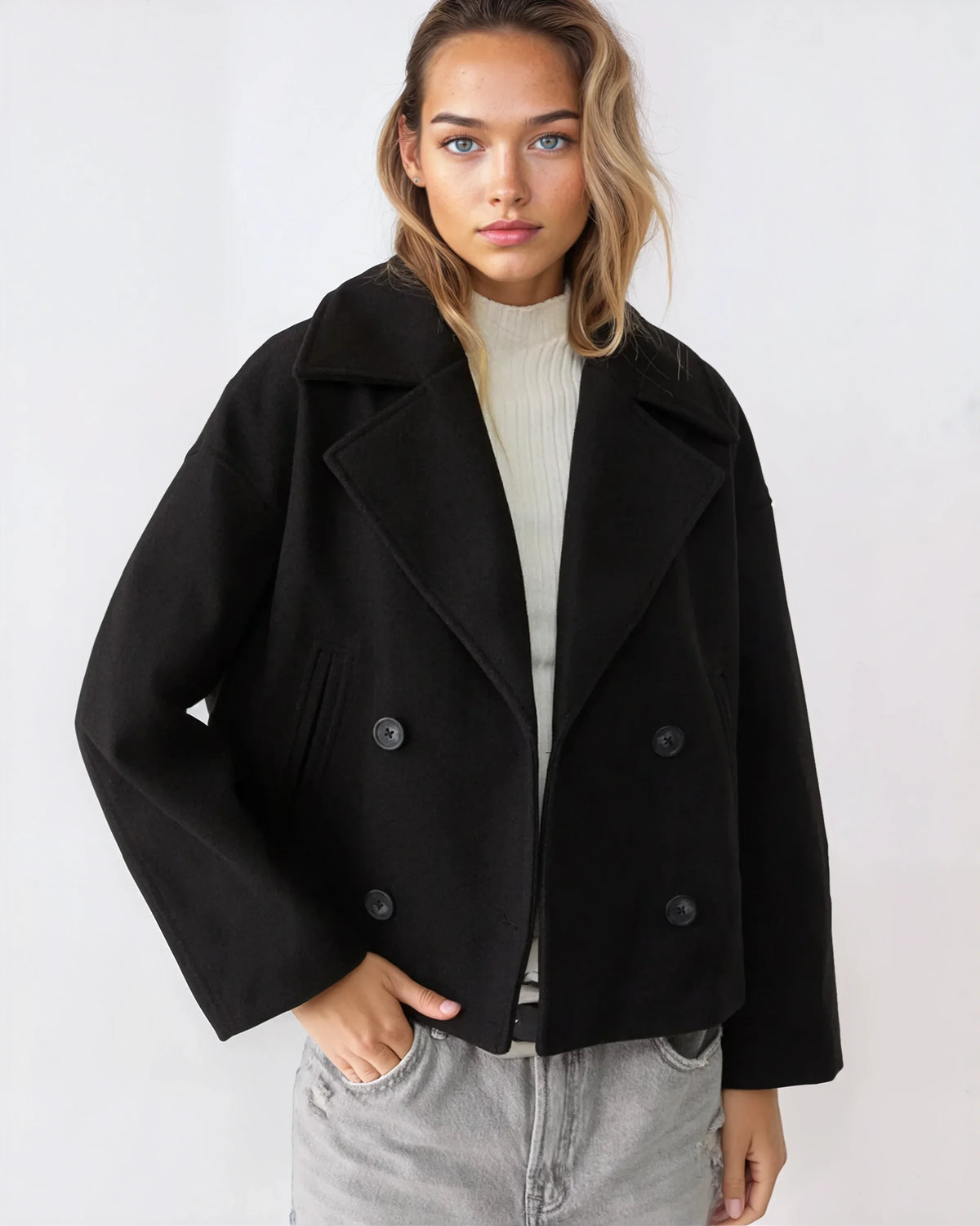 Jacket Damen schwarz tailliert mit Doppelreiher - 3 - Atelier-Zofia