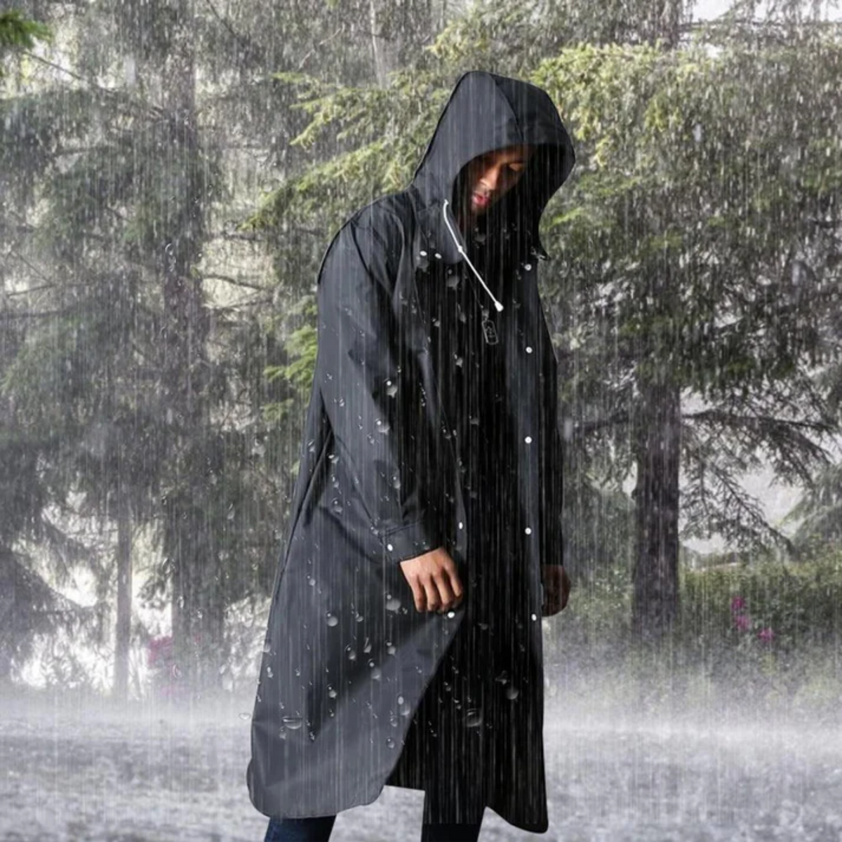 Regenmantel Herren schwarz langer Schnitt mit Kapuze - 3 - Atelier-Zofia