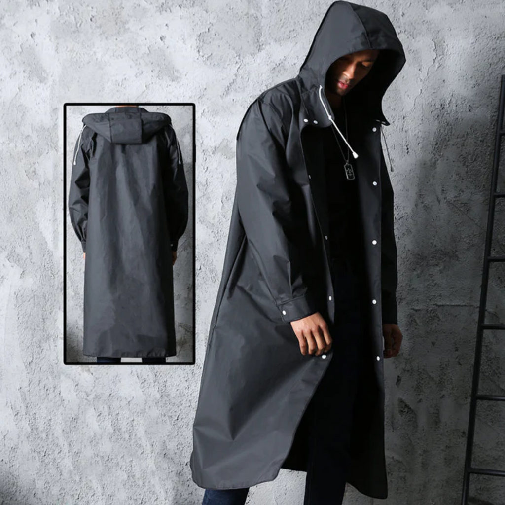 Regenmantel Herren schwarz langer Schnitt mit Kapuze - 4 - Atelier-Zofia