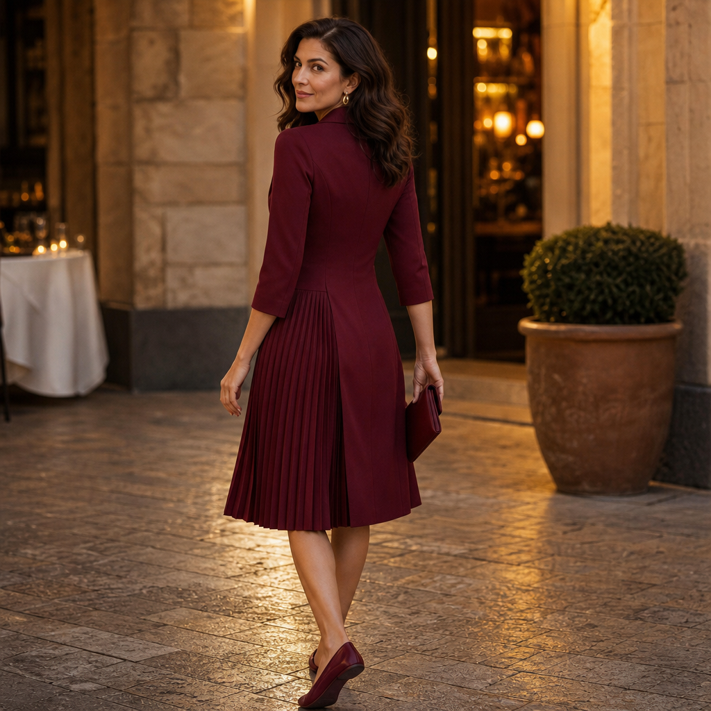 Kleid Damen rot tailliert mit Plisseefalten und langen Ärmeln - 5 - Atelier-Zofia